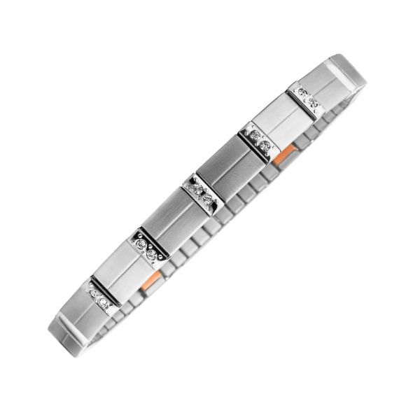 Flexible magnetic bracelet matt-gloss contrast stainless steel with copper elements and crystals