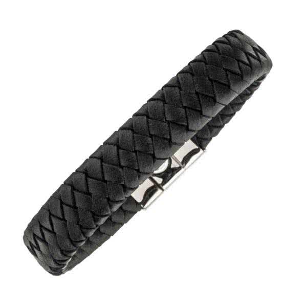 Leather magnetic bracelet Black braided with decorative jewellery clasp