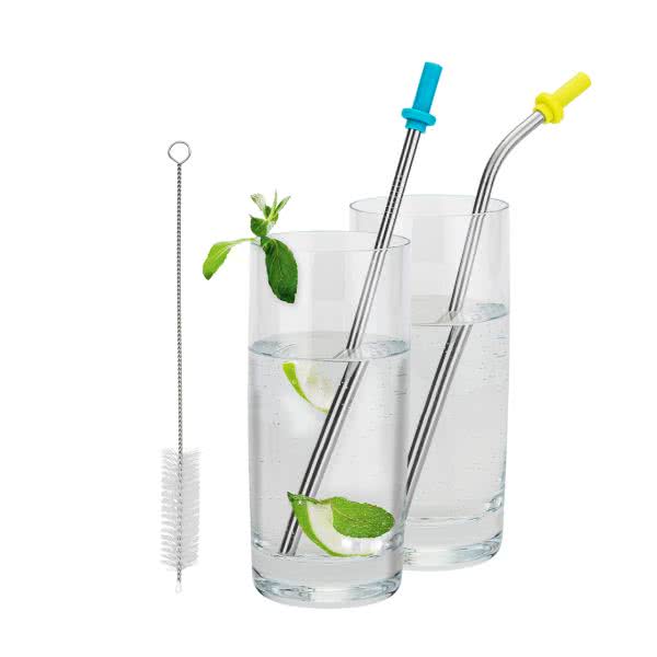 Reusable stainless steel drinking straw set