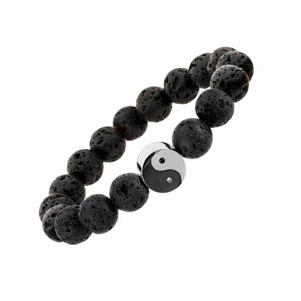 Elastisches Lavaperlen-Armband Yin-Yang mit Magneten & Duftwirkung - schwarz